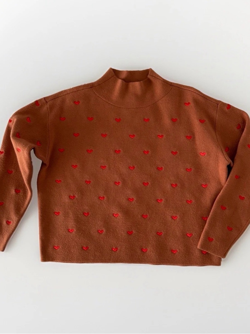 Maeve Anthropologie Brown Red Embroidered Hearts Sweater Oversized Valentines XS